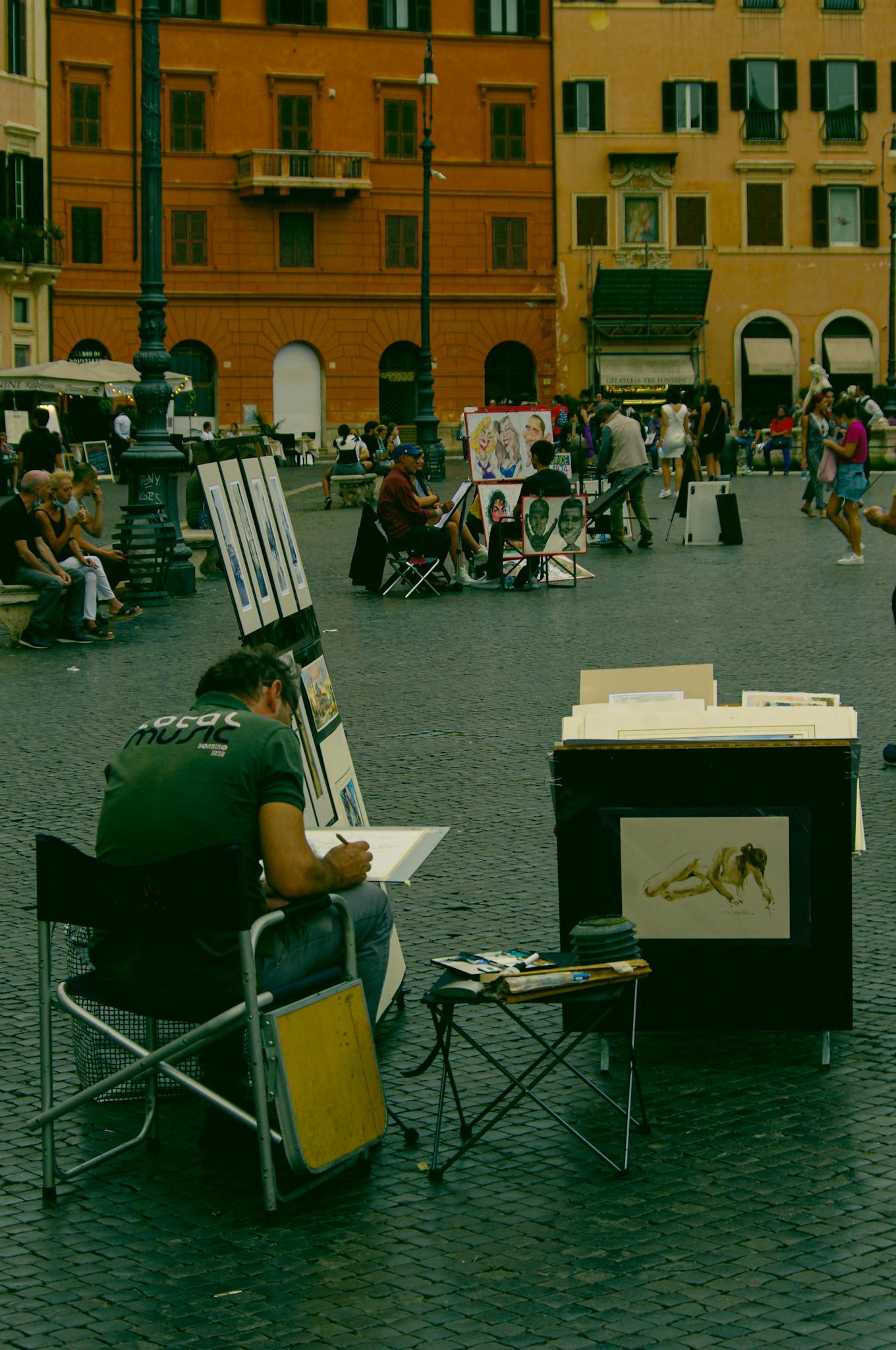 Artist drawing in a vibrant urban square with onlookers and cityscape.